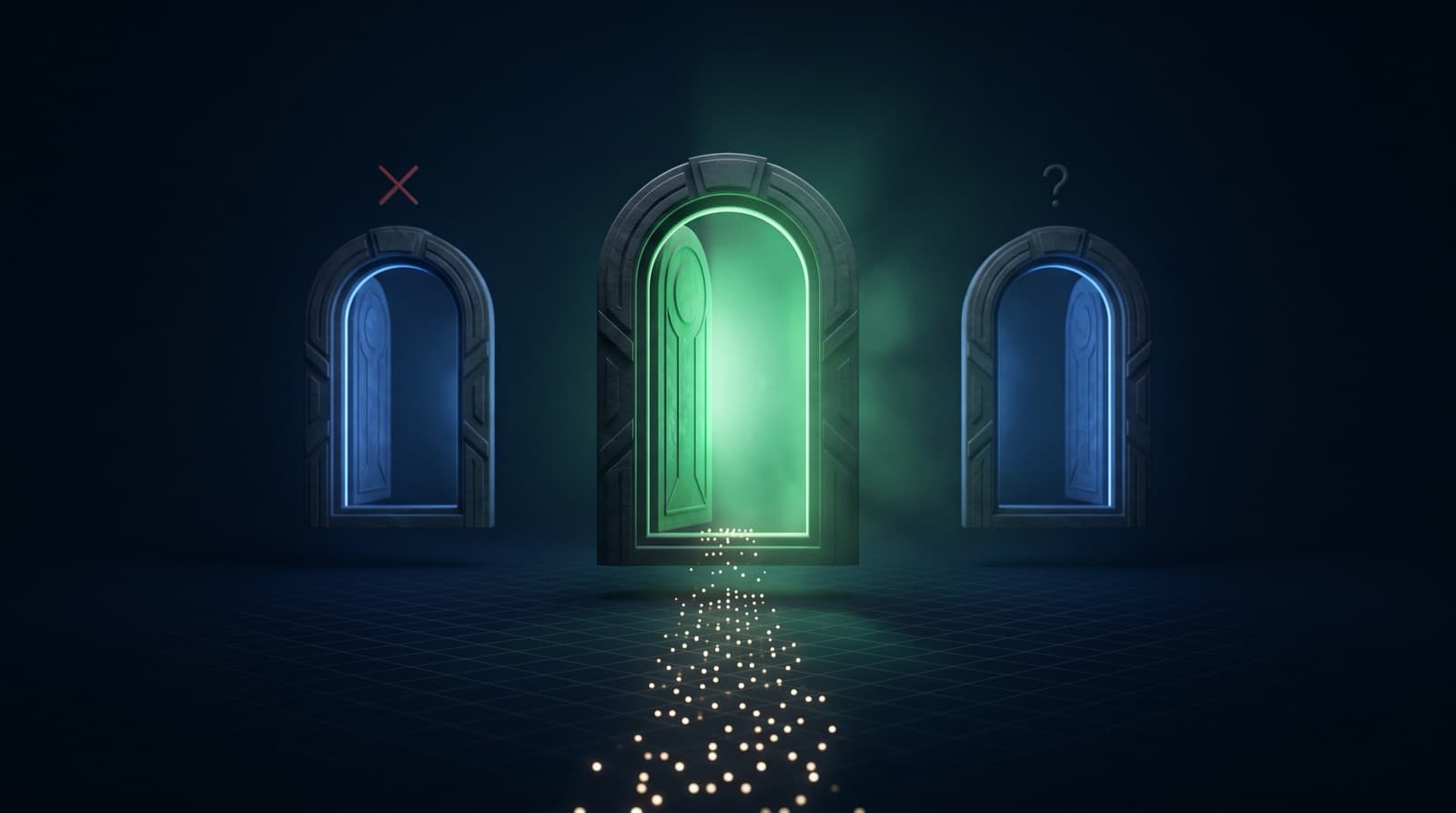 Ilustración editorial conceptual con tres portales arqueados sobre fondo azul marino: el central emite un resplandor verde esmeralda y es más grande, simbolizando la agencia correcta; los laterales brillan en azul eléctrico con marcas sutiles de duda — representando el proceso de elegir la agencia de marketing adecuada.