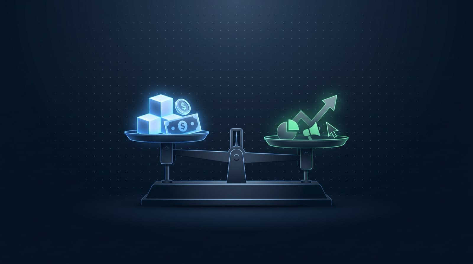 Ilustración editorial de una balanza sobre fondo azul marino: bandeja izquierda con figuras que representan presupuesto, bandeja derecha con símbolos de crecimiento y marketing — representando el equilibrio entre costo e inversión al contratar una agencia.