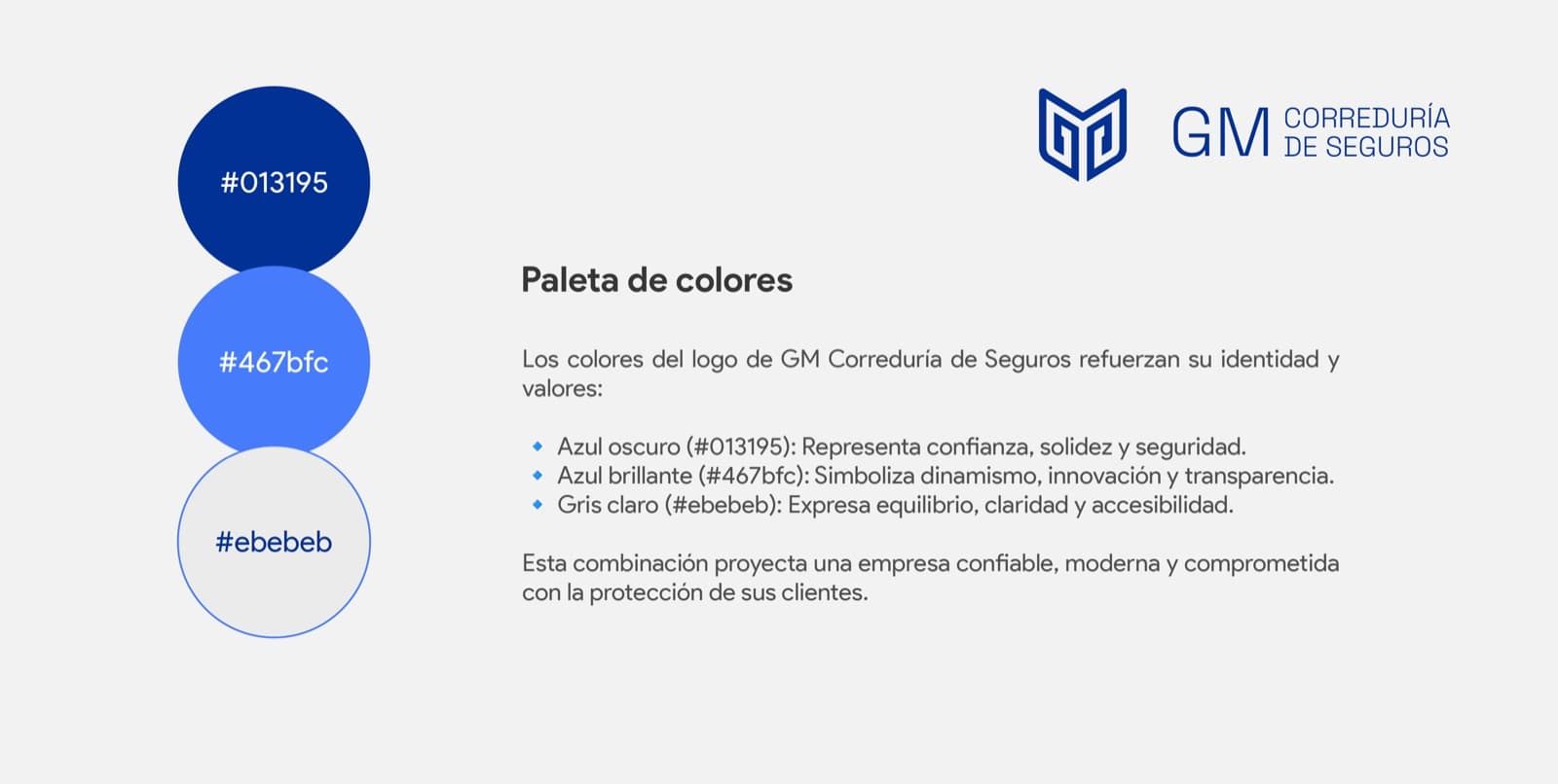 Paleta de la marca: azul oscuro, azul brillante y gris claro