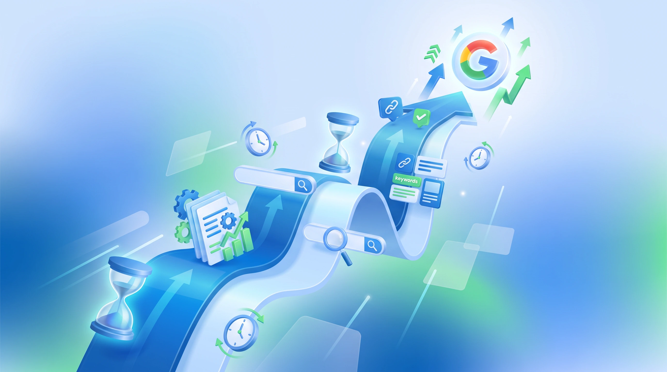 Ilustración 3D sobre fondo azul claro: un camino azul asciende en diagonal desde abajo a la izquierda hasta arriba a la derecha, donde remata en el logotipo de un buscador rodeado de flechas que suben. A lo largo del recorrido flotan relojes de arena, relojes con flechas circulares, barras de búsqueda, una lupa, documentos con gráficos de barras, engranajes e iconos de enlaces.