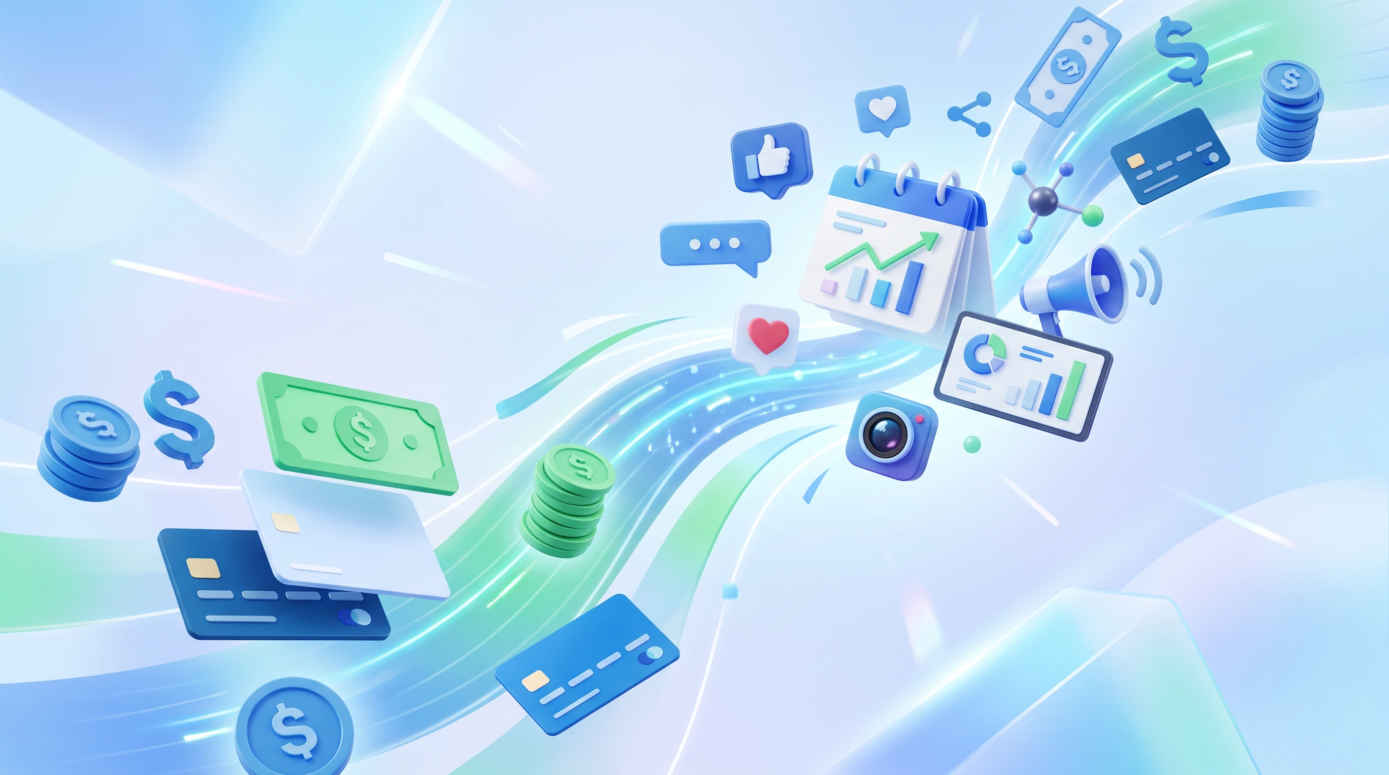 Ilustración 3D sobre fondo azul claro: una corriente de luz cruza la escena en diagonal. A la izquierda flotan monedas apiladas, billetes, símbolos de dólar y tarjetas de pago; a la derecha, los elementos del trabajo en redes — un calendario con un gráfico ascendente, un megáfono, un panel de métricas con barras y un gráfico circular, una cámara, y los iconos de me gusta, corazón, comentario y compartir.