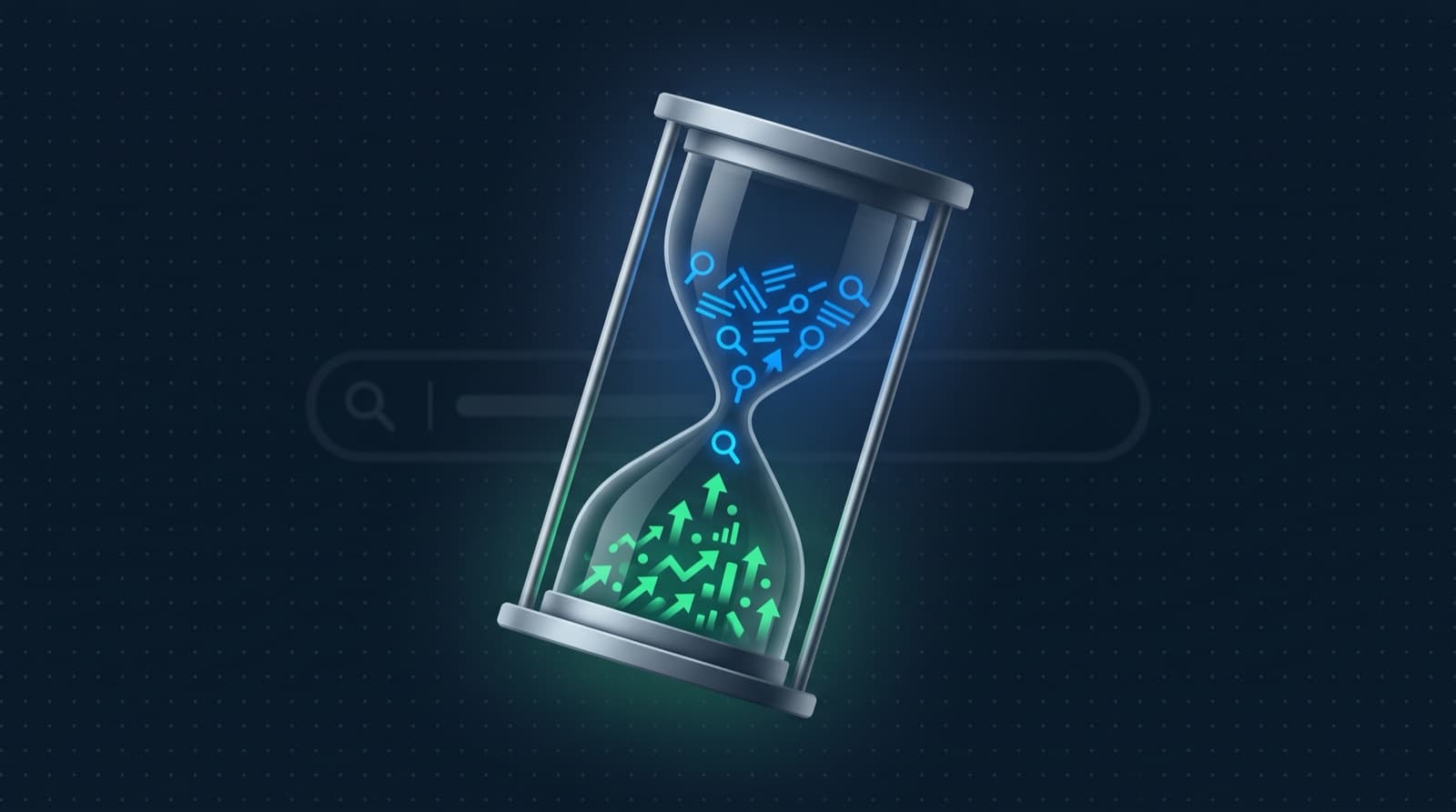 Ilustración editorial de un reloj de arena sobre fondo azul marino: en la cámara superior flotan íconos de búsqueda en azul eléctrico (lupas, keywords abstractos); al pasar por el cuello se transforman y caen en la cámara inferior como flechas verdes ascendentes y gráficos de crecimiento, representando cómo el SEO convierte tiempo en resultados.