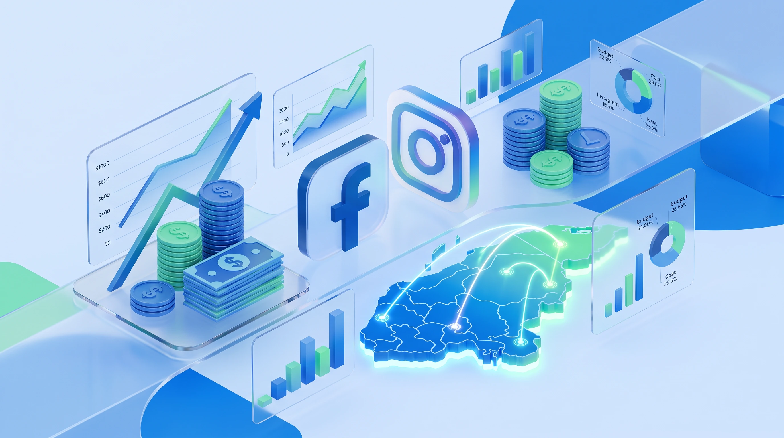 Ilustración 3D sobre fondo azul claro: paneles de vidrio flotantes con gráficos de barras y curvas ascendentes rodean los iconos de Facebook e Instagram en el centro. A la izquierda, monedas apiladas y un fajo de billetes sobre una plataforma; a la derecha, un mapa en relieve con puntos de conexión unidos por arcos de luz, y paneles con gráficos circulares de reparto de presupuesto.