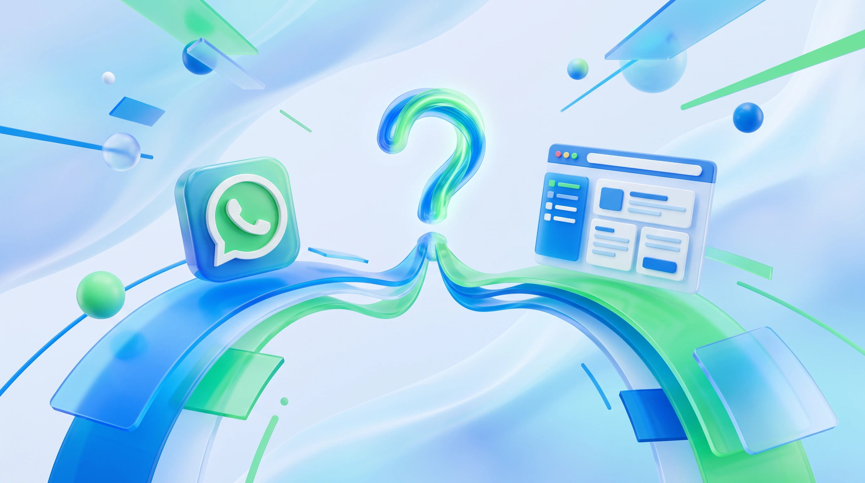 Ilustración 3D sobre fondo azul claro: dos caminos curvos, uno azul y otro verde, suben desde los extremos y se encuentran al centro bajo un gran signo de interrogación. Sobre el camino de la izquierda flota el icono de una aplicación de mensajería; sobre el de la derecha, la ventana de un sitio web con menú lateral y bloques de contenido.