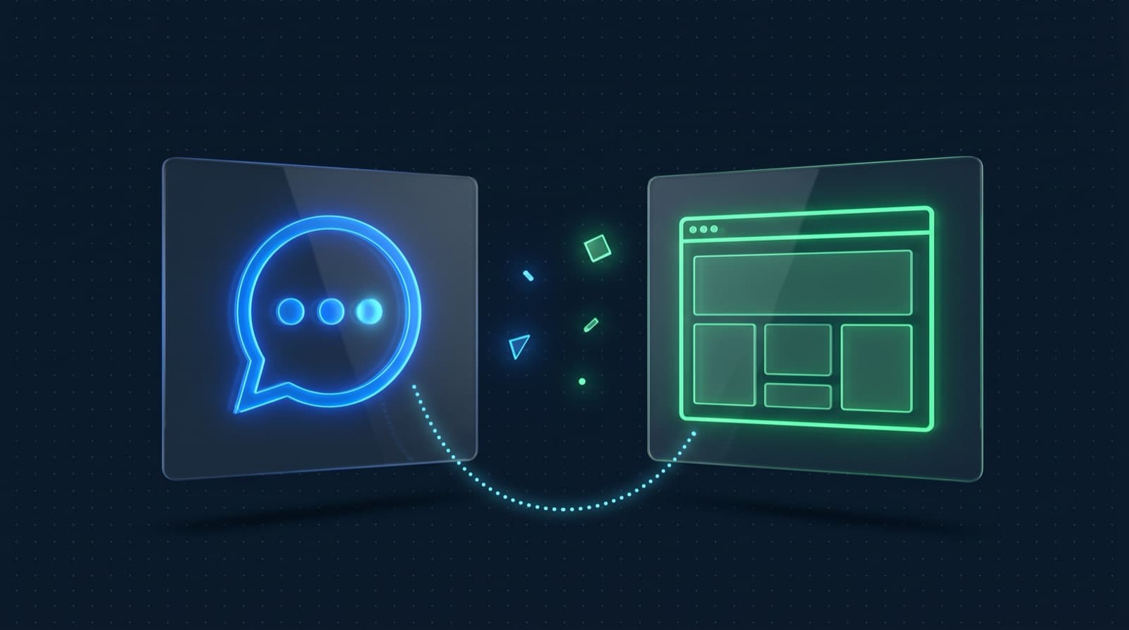 Ilustración editorial con dos paneles de vidrio traslúcidos sobre fondo azul marino: a la izquierda un ícono de burbuja de chat con puntos suspensivos en azul eléctrico (conversación de WhatsApp); a la derecha un marco de navegador verde esmeralda con bloques de contenido abstracto (sitio web). Entre ambos, una línea de puntos los conecta, representando la integración entre conversación y presencia web.
