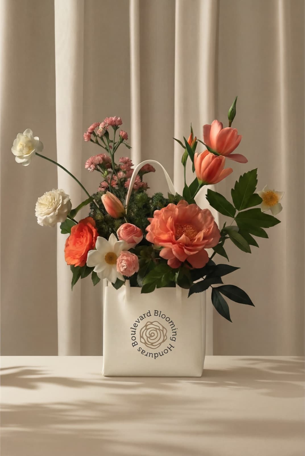 Arreglo floral de Boulevard Blooming en jarrón con el sello de la marca