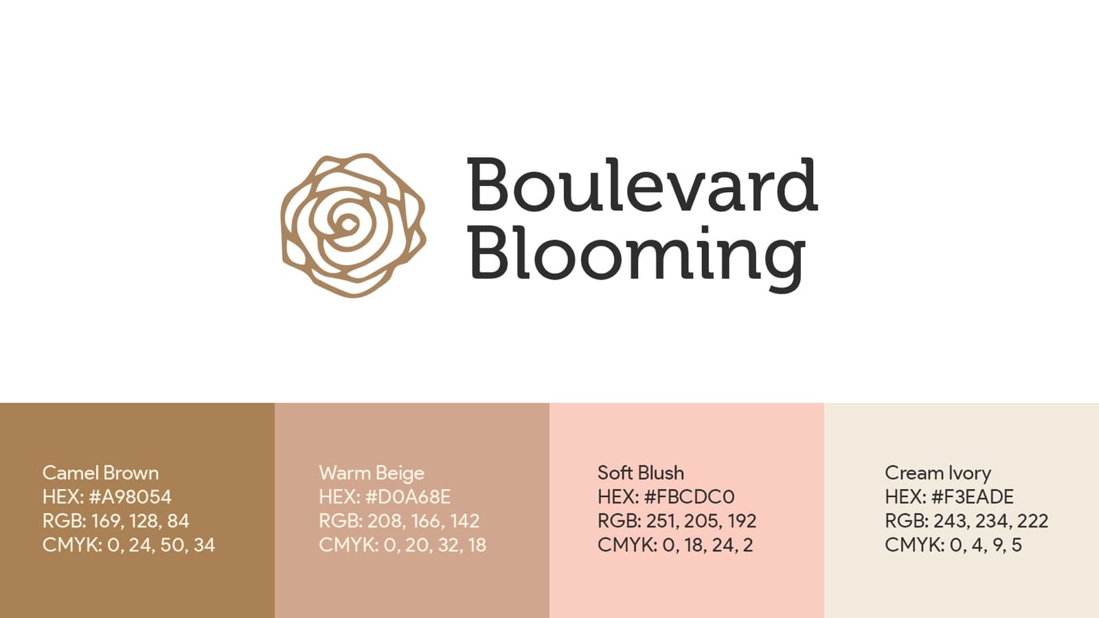 Paleta de la marca: Camel Brown, Warm Beige, Soft Blush y Cream Ivory