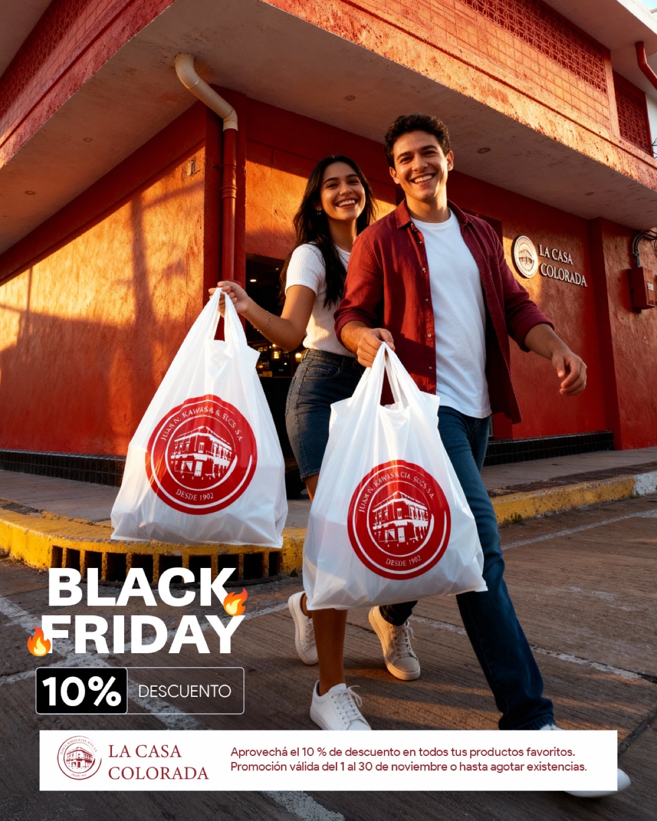 Pieza de campaña de Black Friday de La Casa Colorada con dos clientes saliendo de la tienda
