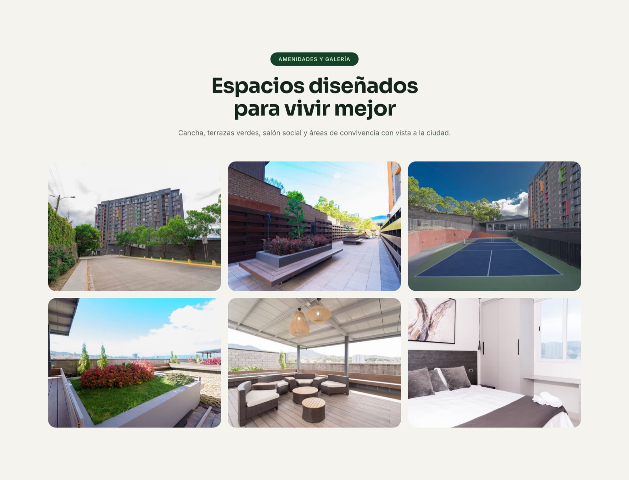 Sección de amenidades del sitio: cuadrícula de fotos del edificio bajo el titular Espacios diseñados para vivir mejor