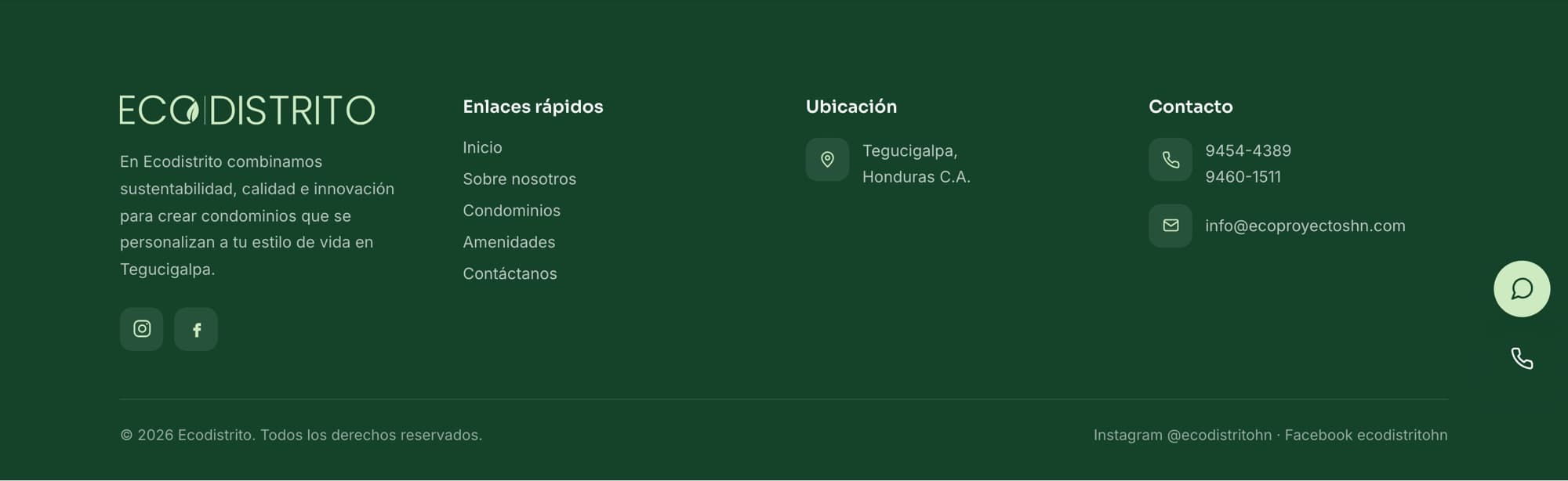 Pie del sitio de Ecodistrito en verde oscuro, con el menú, la ubicación y los datos de contacto