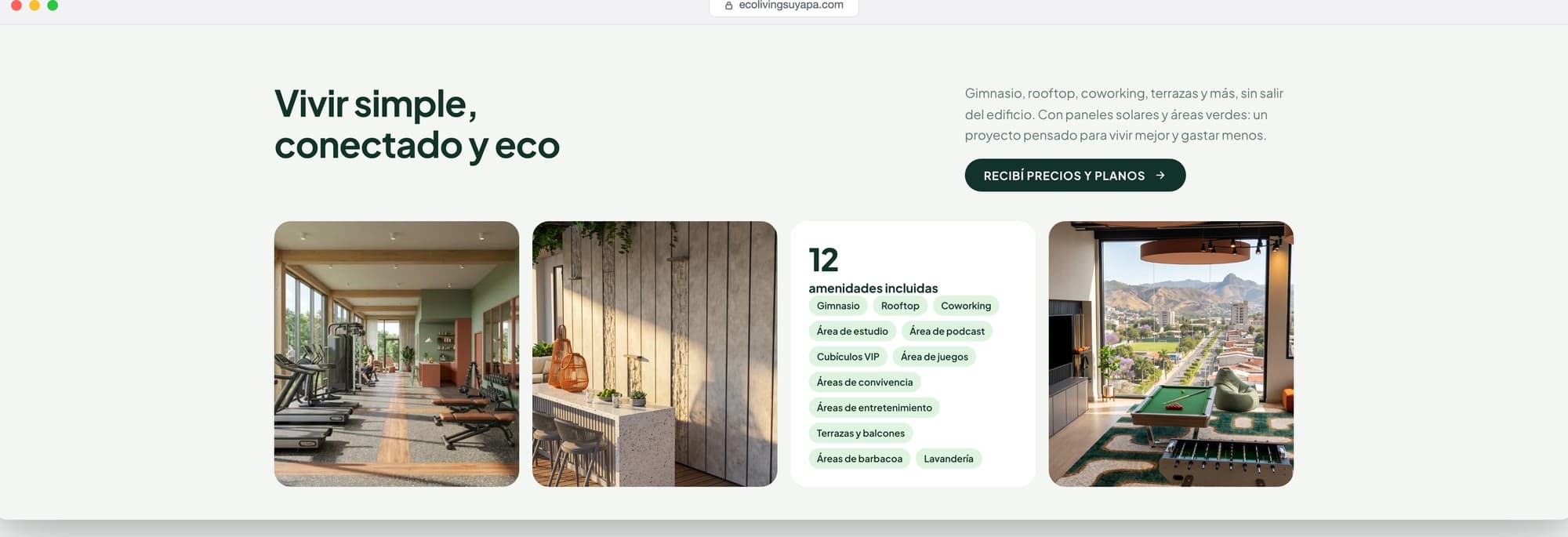 Sección de amenidades: vivir simple, conectado y eco