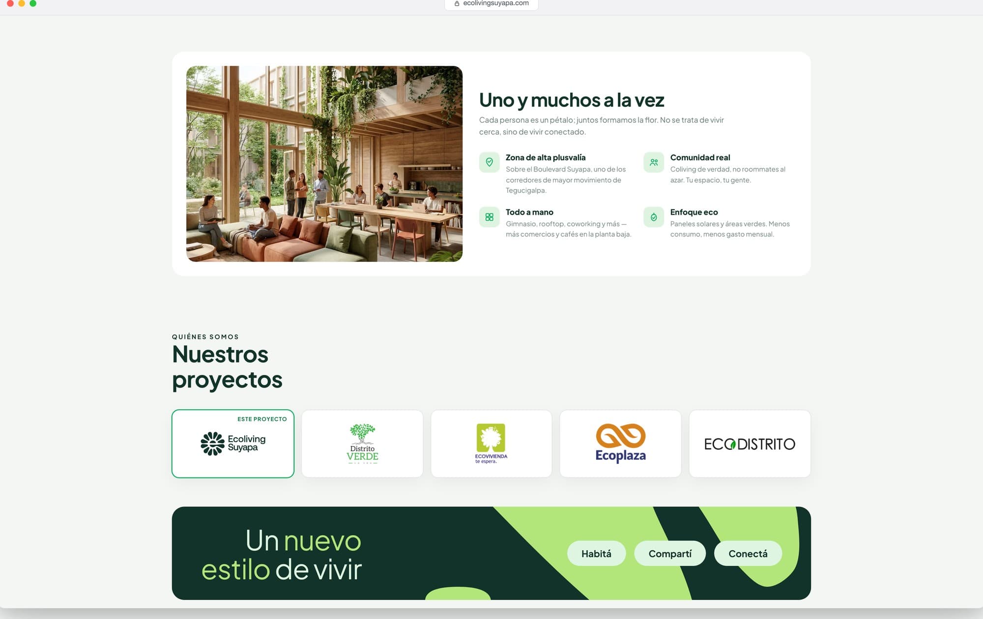 Sección de quiénes somos y los proyectos del desarrollador