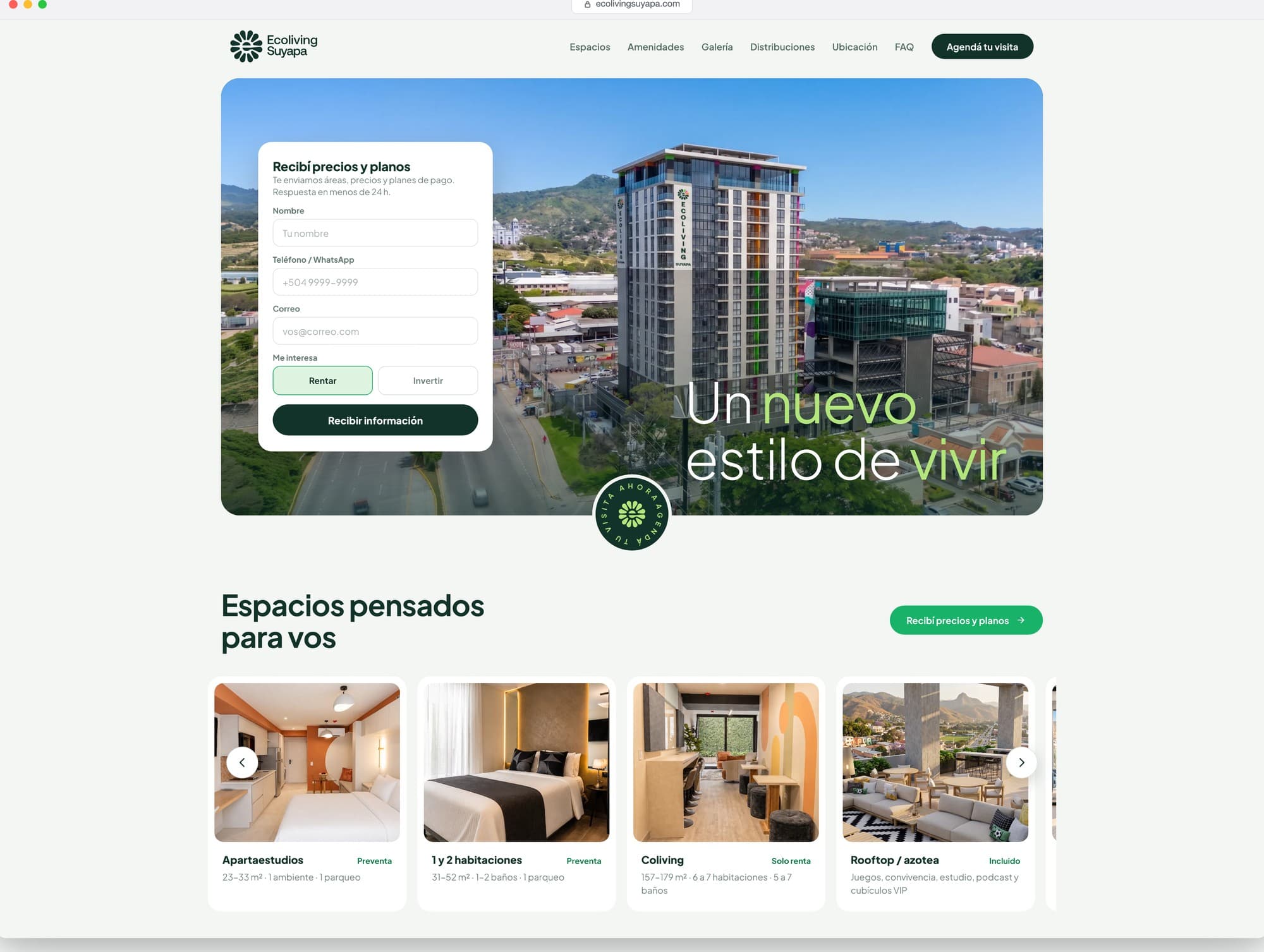 Portada del sitio: un nuevo estilo de vivir, con el formulario de precios y planos
