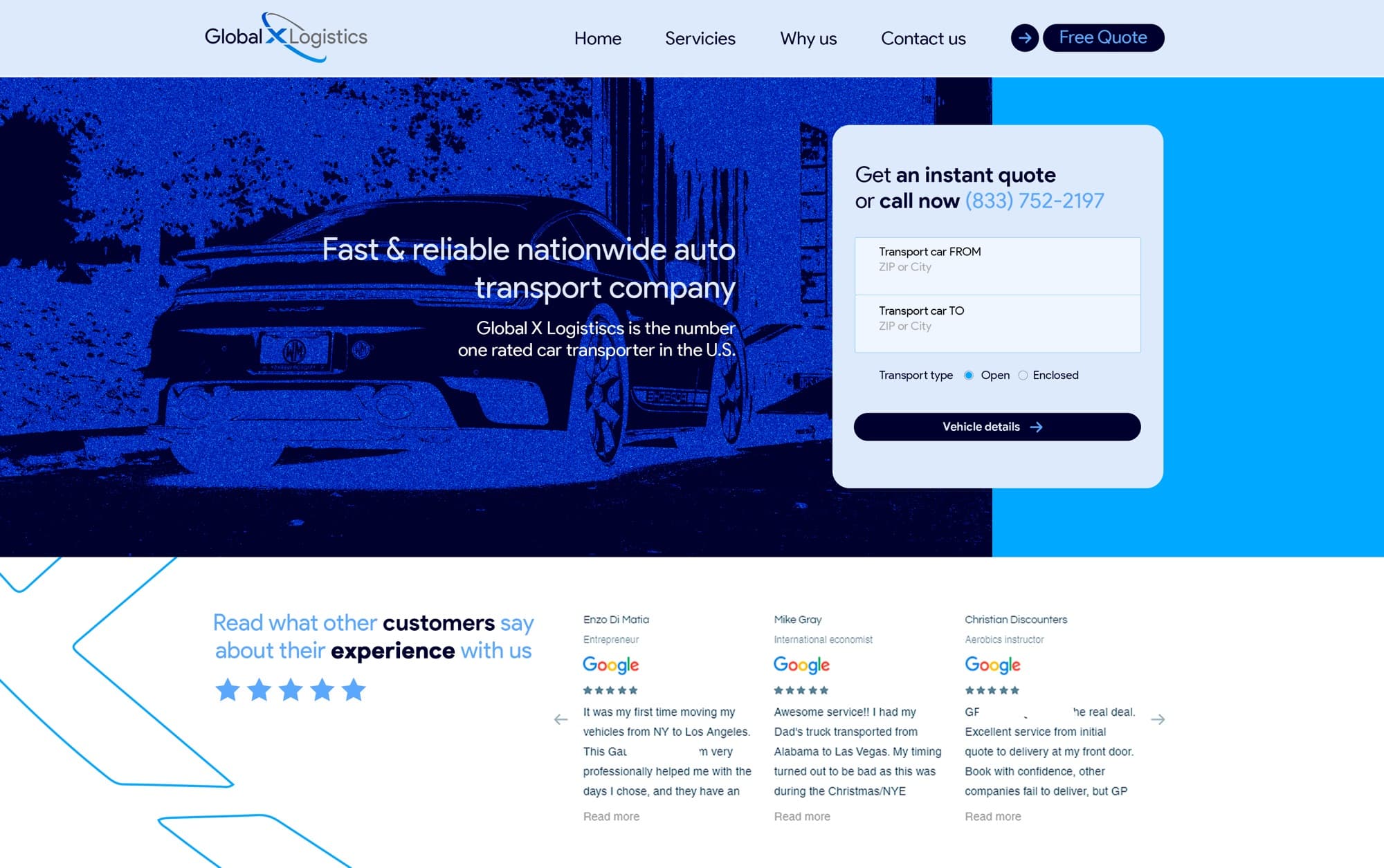 Pantalla de inicio del sitio de Global X Logistics con el cotizador