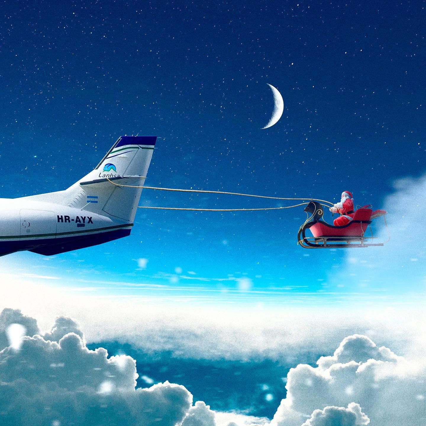 Pieza navideña: una aeronave de LANHSA remolca el trineo de Santa sobre las nubes