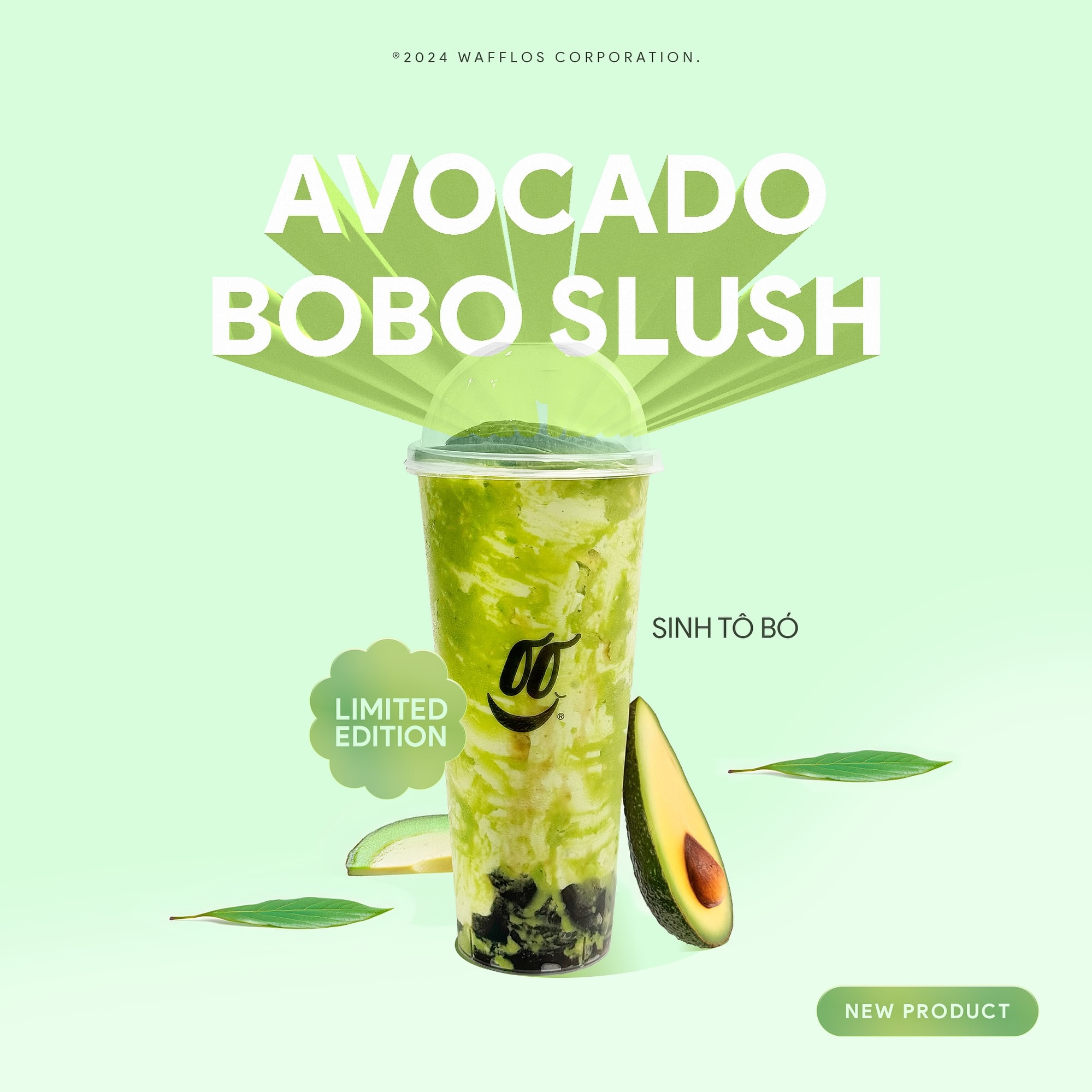 Pieza de lanzamiento del Avocado Bobo Slush sobre fondo verde claro, con mitades de aguacate y el sello de producto nuevo