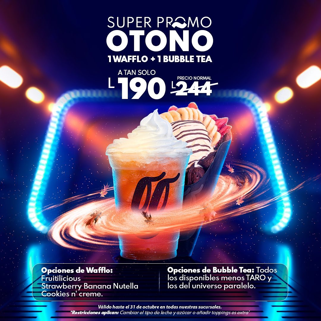 Promoción de otoño: un waffle más un bubble tea, con las opciones disponibles